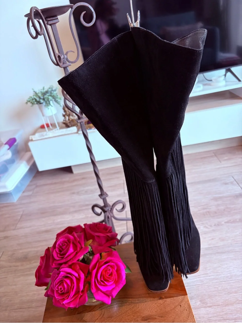 Jessica Simpson Black Suede Over-the-Knee Fringe Boots